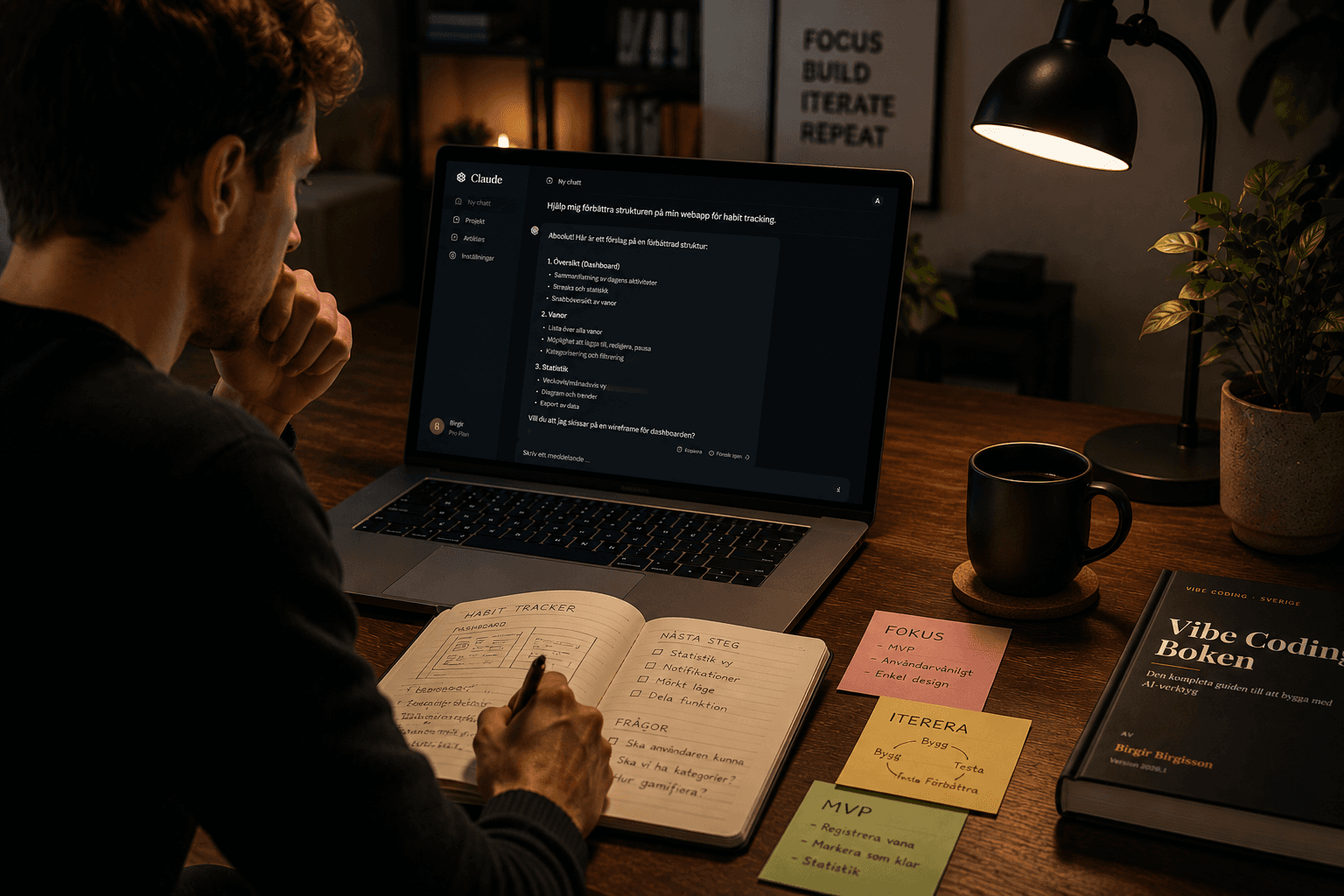 Person som planerar ett projekt med Claude, anteckningsbok och post it-lappar märkta fokus, iterera och MVP