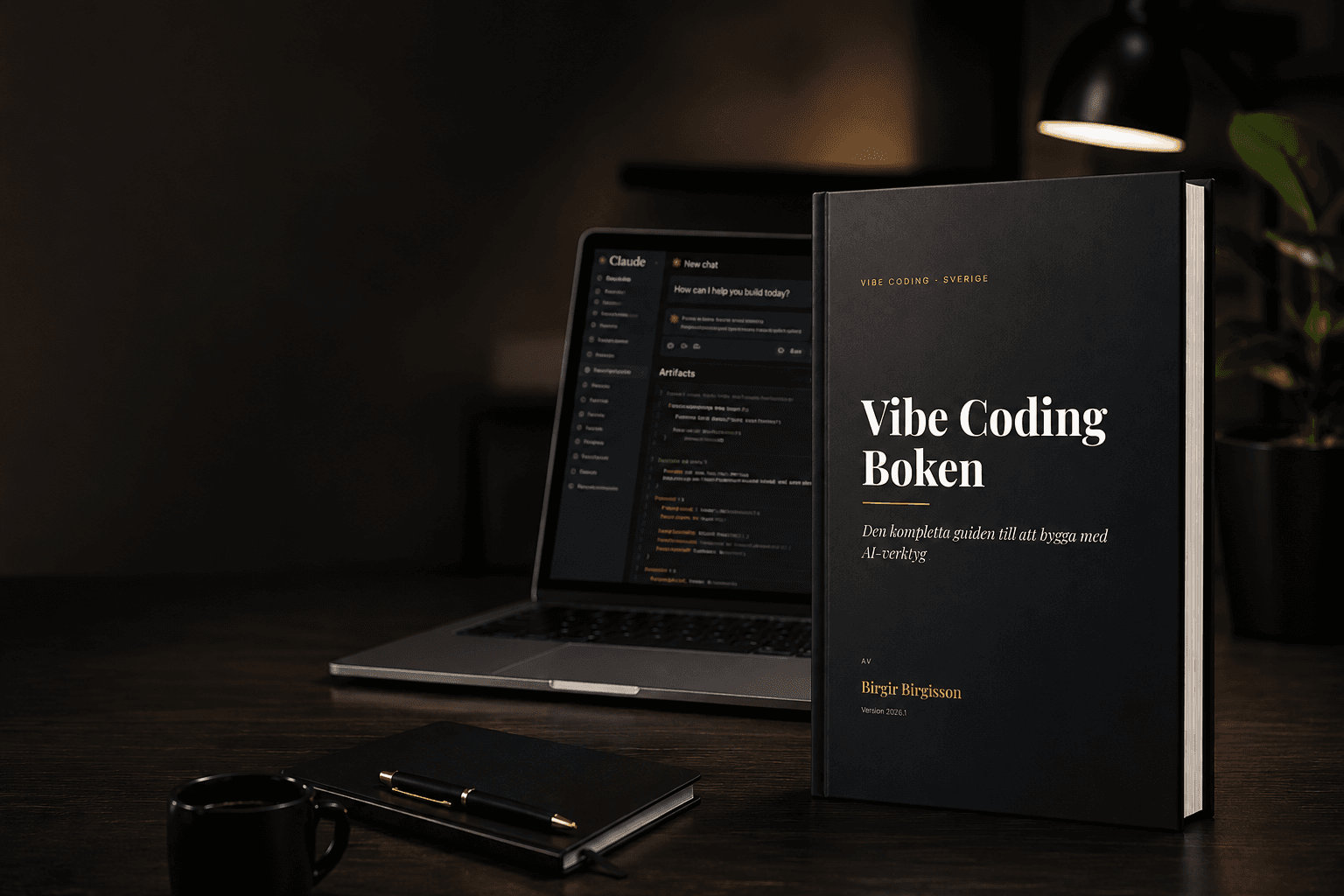 Vibe Coding Boken på ett skrivbord bredvid en laptop